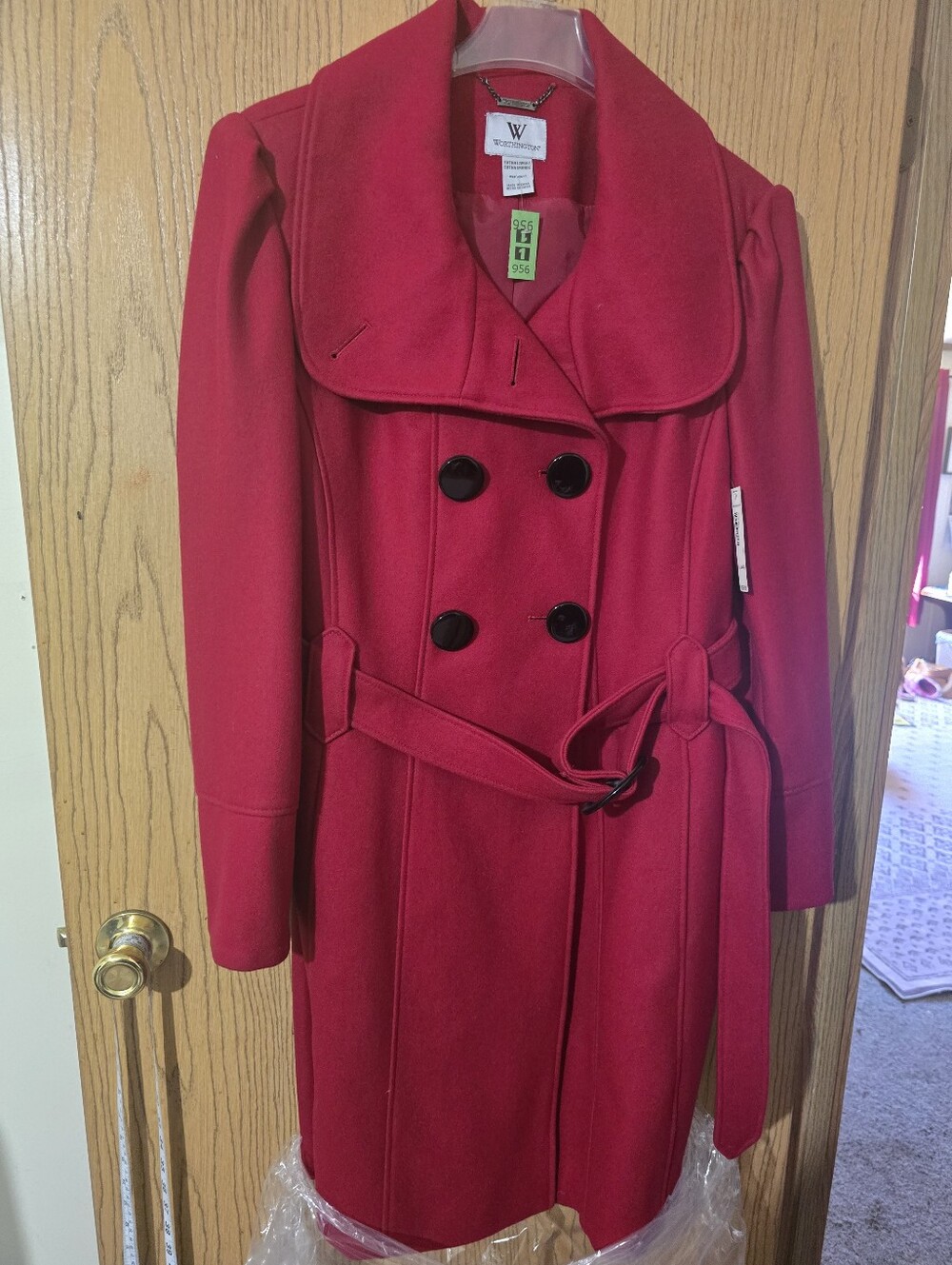 Nwt. Worthington Women's Red Double-Breasted Belted Wool Coat